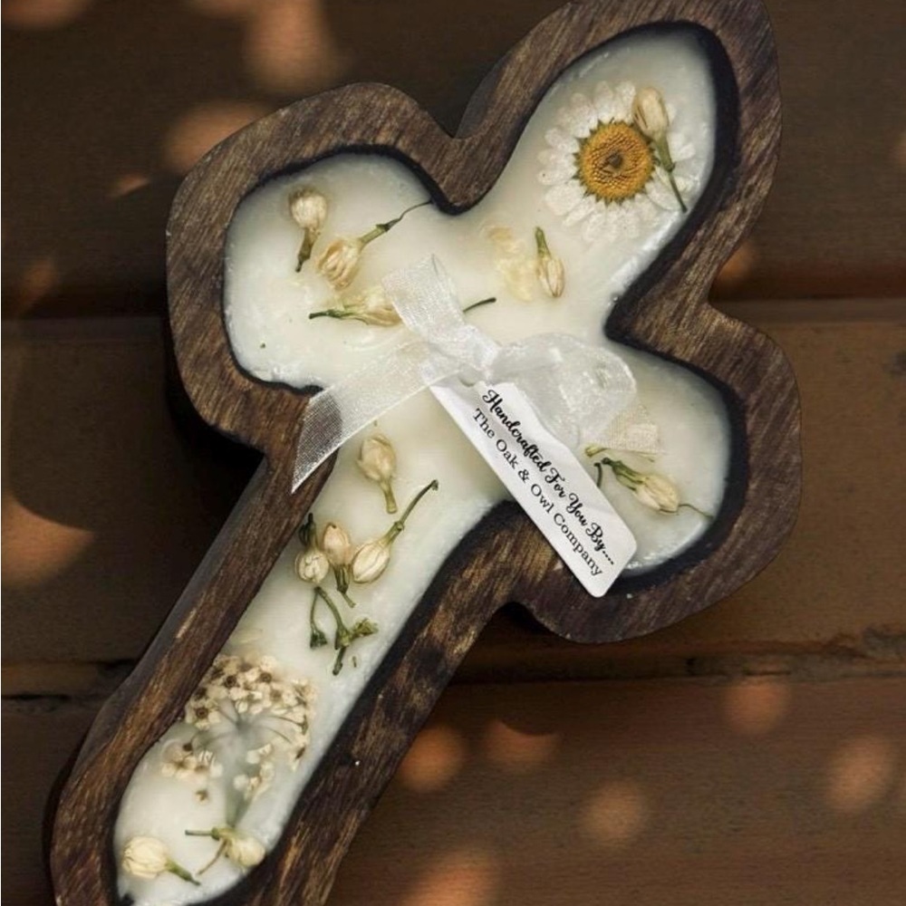 Handcrafted Wooden Cross Candle Holder - White and Brown
0490